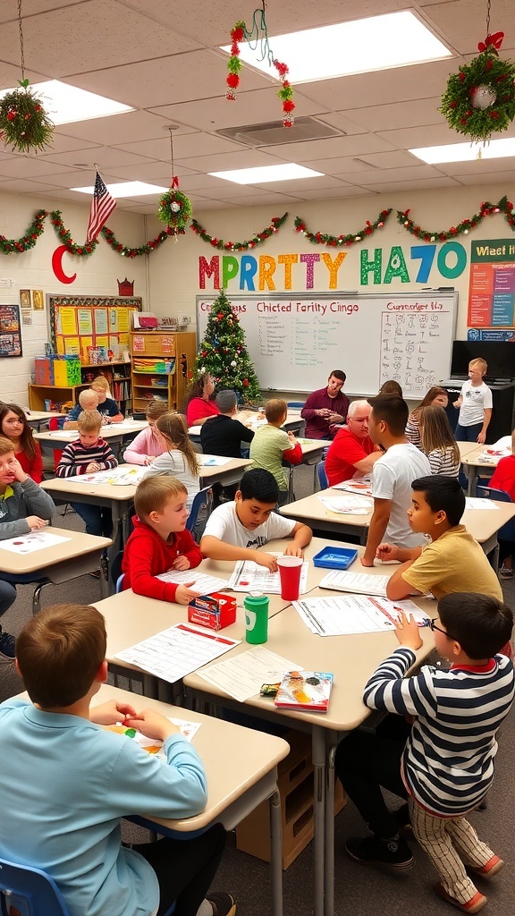 Students enjoying Christmas class party games in a decorated classroom.
